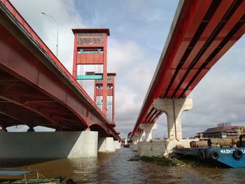 Low angle view of bridge over river against sky