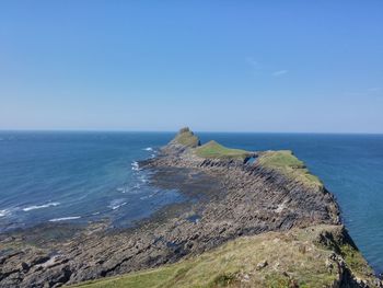 Scenic view of sea against clear blue sky