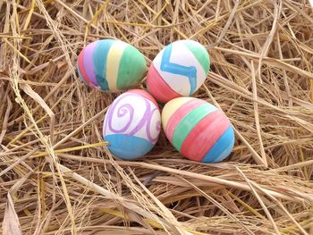 High angle view of multi colored eggs in nest