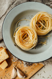 High angle view of noodles in bowl on table