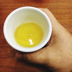 Close-up of hand holding tea cup on table