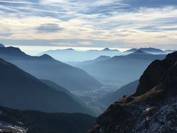 Scenic view of mountains against sky during sunset