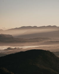 Scenic view of mountains against sky during sunset