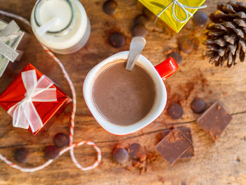 High angle view of chocolate cup on table