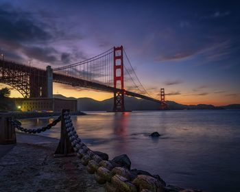 View of suspension bridge at sunset