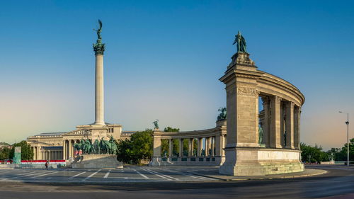 Monument to the millennium of hungary on the heroes square in budapest on a sunny summer morning