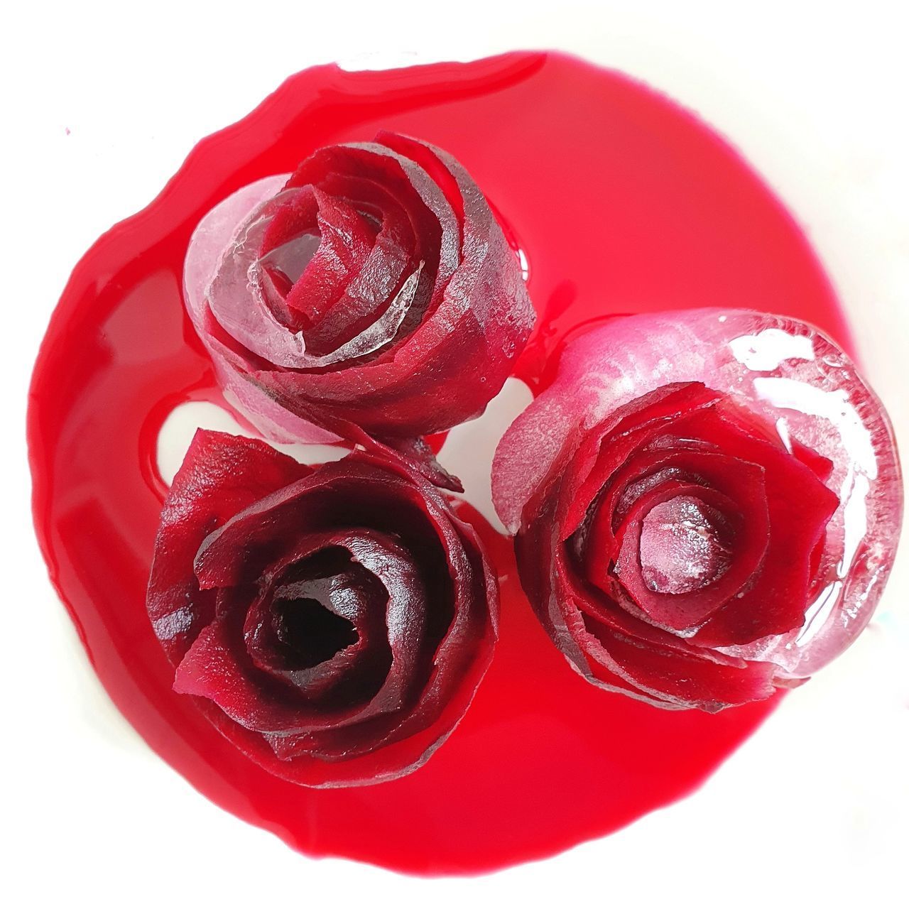 CLOSE-UP OF RED ROSE ON WHITE SURFACE