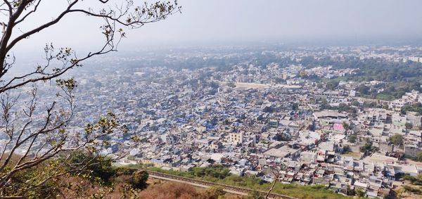 High angle shot of townscape against sky