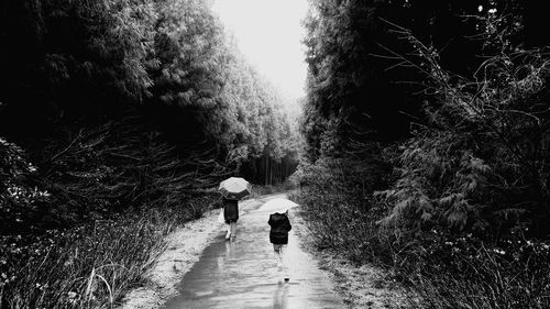 Rear view of woman walking on footpath during rainy season