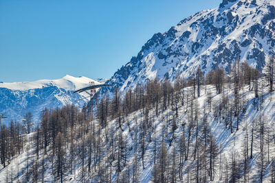 Scenic view of snowcapped mountains against clear sky