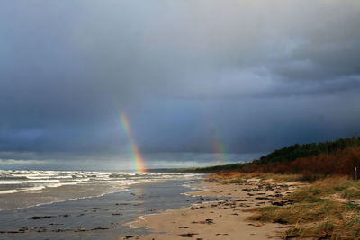 Scenic view of sea against rainbow in sky