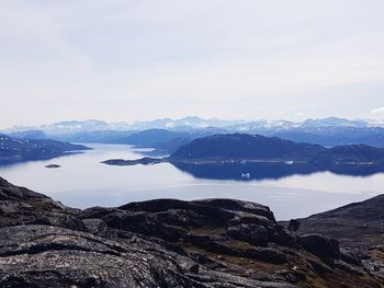 Scenic view of lake and mountains against sky