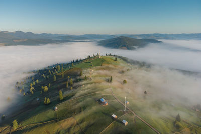 High angle view of land against sky