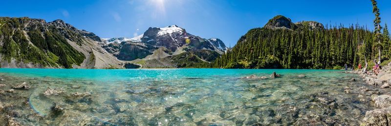 Panoramic view of trees and mountains against blue sky