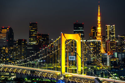 Illuminated city buildings at night