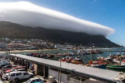 High angle view of harbor in city