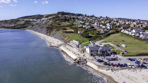 High angle view of buildings against sky