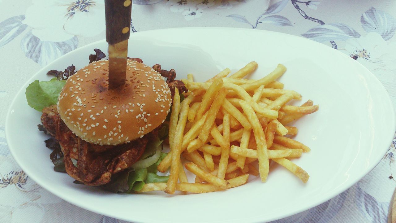 food, food and drink, plate, ready-to-eat, indoors, freshness, still life, serving size, table, healthy eating, close-up, meal, indulgence, high angle view, served, meat, french fries, no people, cooked