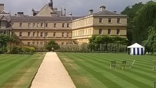 View of lawn with buildings in background