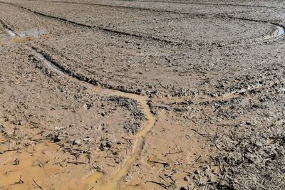 Close-up of tire tracks on sand