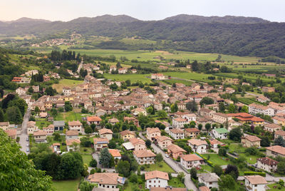 High angle view of townscape against clear sky