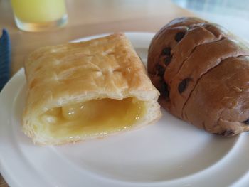 High angle view of breakfast served on table