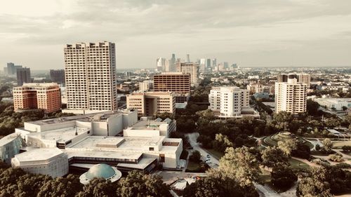 High angle view of buildings against sky