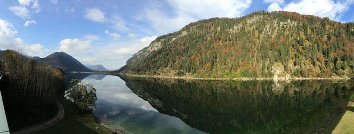 Scenic view of lake against cloudy sky