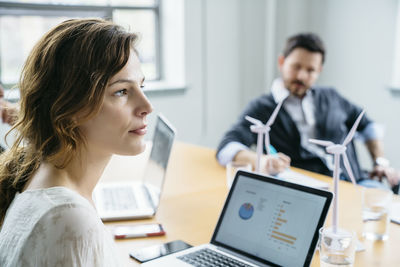 Business people with wind turbine models on desk in office