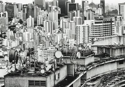 High angle view of modern buildings in city