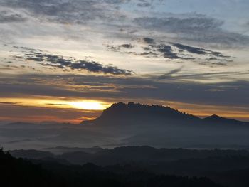 Scenic view of silhouette mountains against sky at sunset