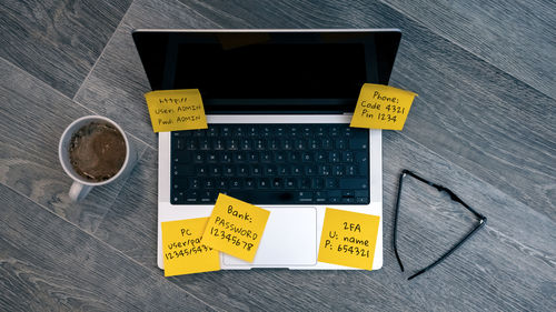 High angle view of text on table