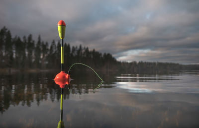 Red flower floating on lake against sky