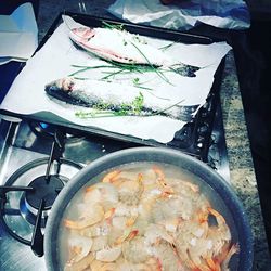 High angle view of fish on table