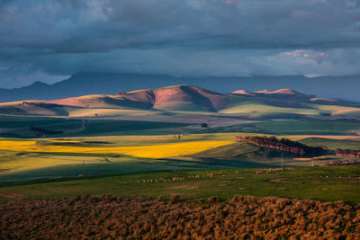 Rolling hills and farmland during sunset