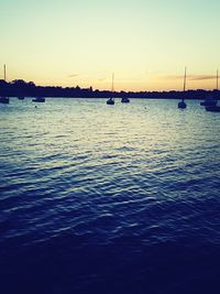 Sailboats in sea at sunset