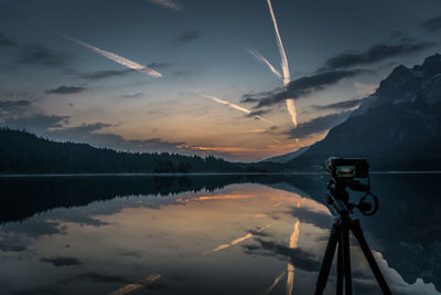 Scenic view of lake against sky during sunset