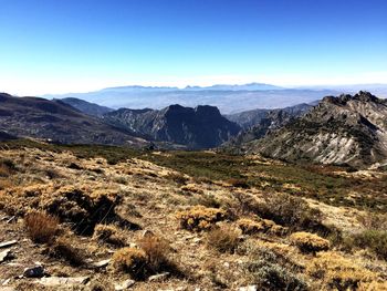 Scenic view of rocky mountains against clear blue sky