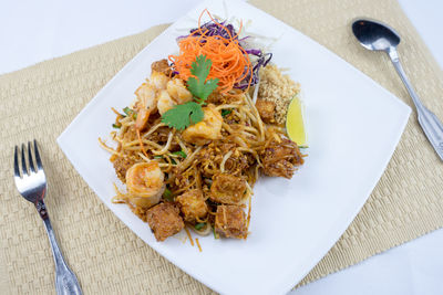 High angle view of food in plate on table