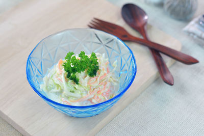 High angle view of food in bowl on table