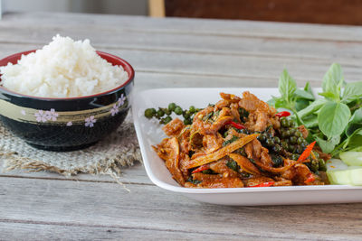 Close-up of meal served on table