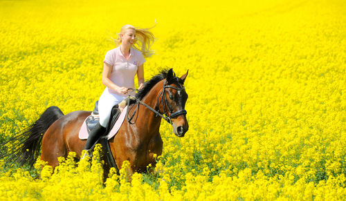 Young woman riding horse on field