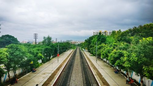 High angle view of railroad tracks amidst trees against sky