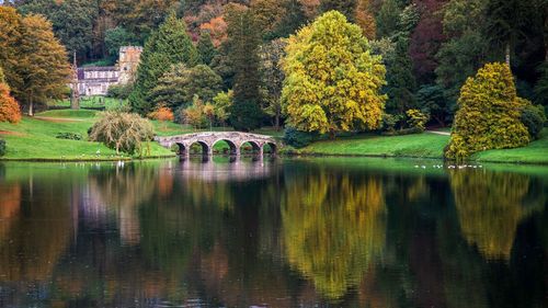 Scenic view of lake by trees during autumn