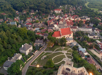 High angle view of townscape and trees in town