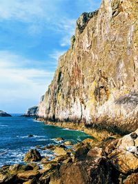 Scenic view of rocks by sea against sky