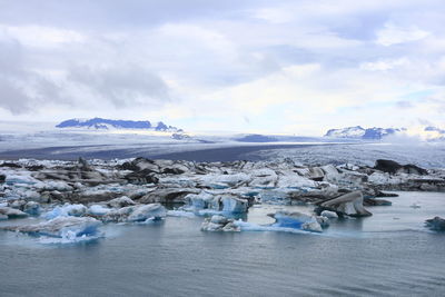 Aerial view of frozen lake against sky