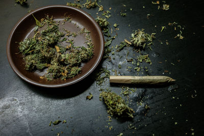 High angle view of vegetables in bowl on table