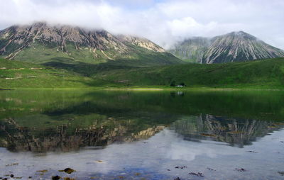 Scenic view of lake and mountains against sky