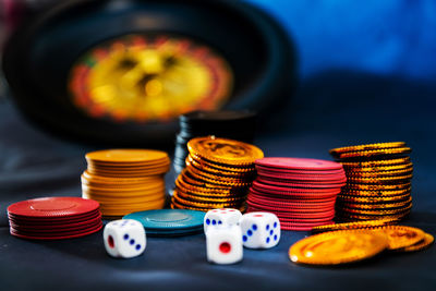 Gambling chips and dice on table